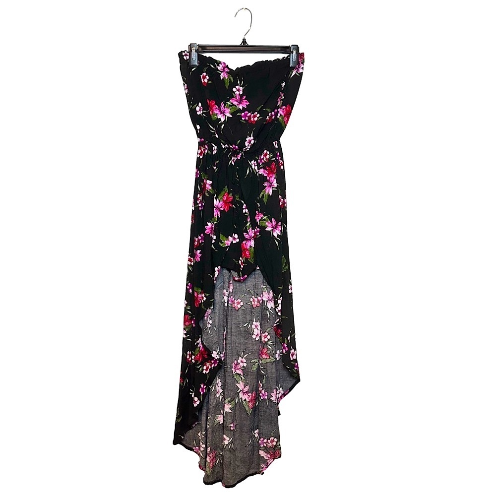 Black High-Low Strapless Romper with Purple and Red Floral Print